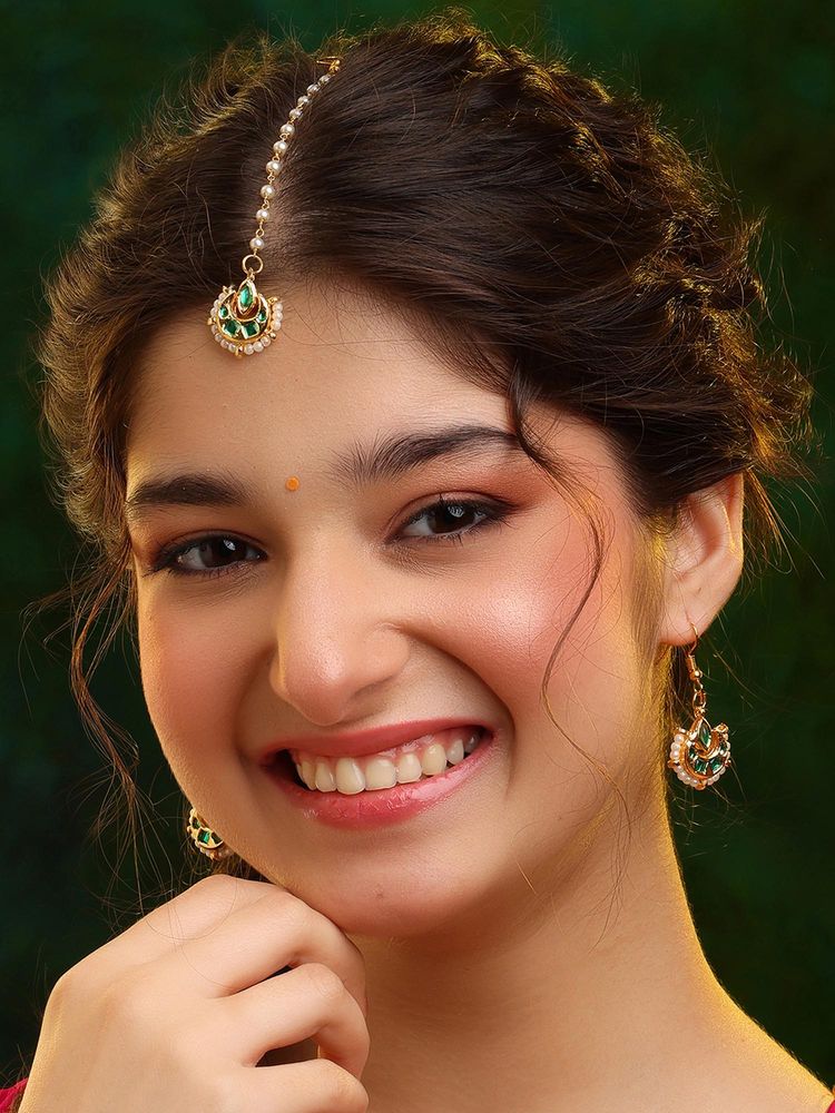 Ruby Raang Studio Gold Green Kundan Earrings and Maang Tikka-image-29