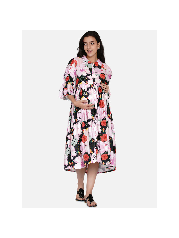 The Kaftan Company Forest Floral Shirt Collar Maternity And Nursing Dress Multi-Color-image-17