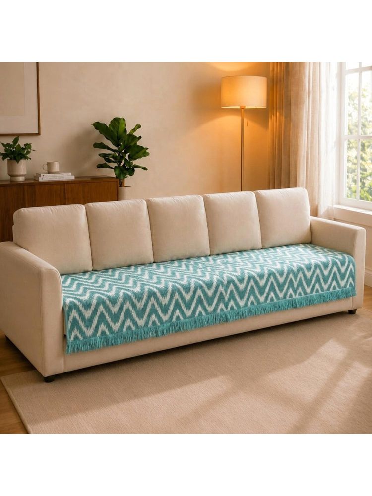 Saral Home VW Sofa Cover Cotton Chevron with Fringe - Aqua-image-12