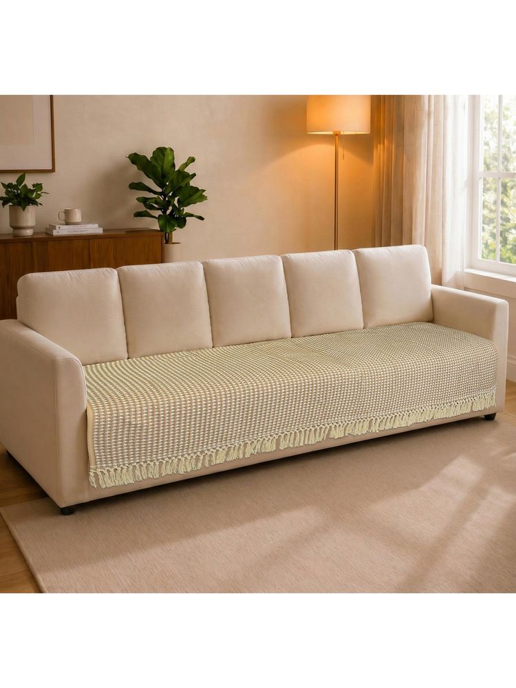 Saral Home Comfy Sofa Cover Cotton Polyester with Fringe - Beige-picture-15