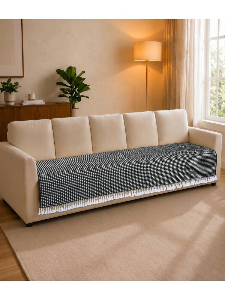 Saral Home Comfy Sofa Cover Cotton Polyester with Fringe - Black-picture-15