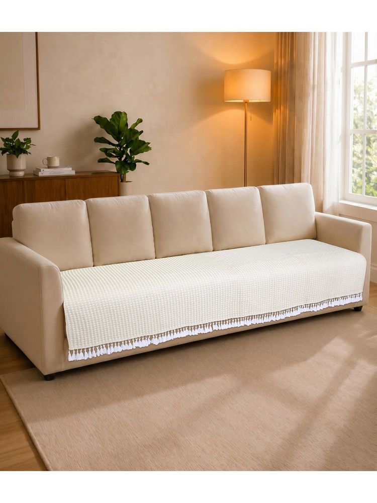 Saral Home Comfy Sofa Cover Cotton Polyester with Fringe - Ivory-image-42