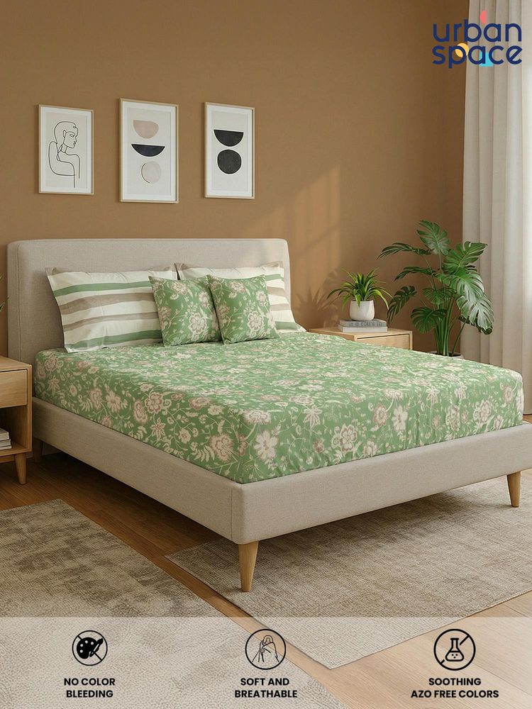 Urban Space Cotton Double Bedsheet, 2 Pillow Covers & 2 Cushion Covers, Green-image-46