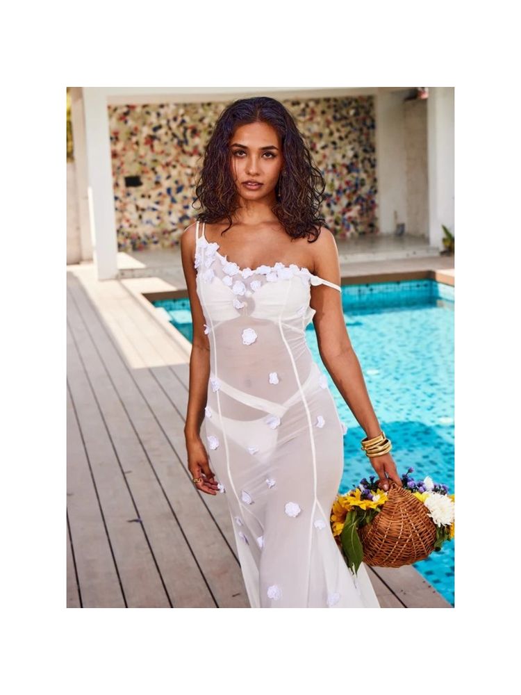 L'Ange Ebert White Sheer 3D Flower Cover-Up Dress
