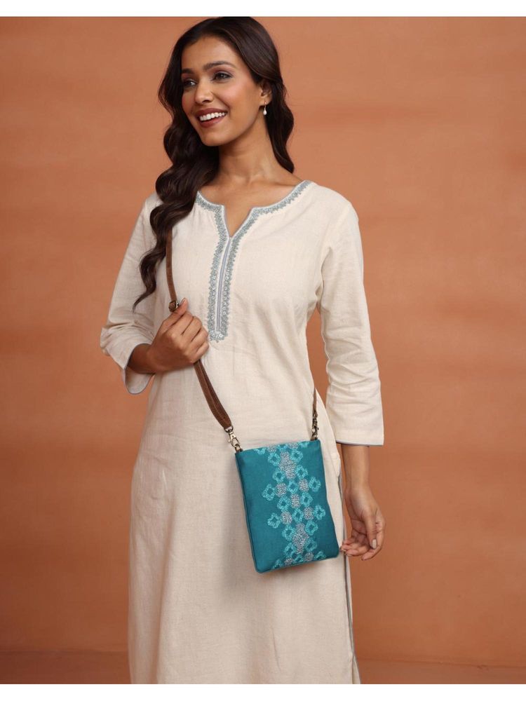 fabindia fashion Fabindia Teal Hand Embroidered Sling Bag-picture-13