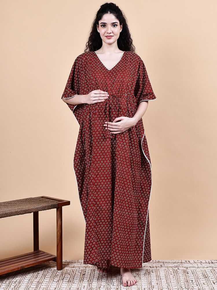 Secret Wish Maroon Floral Cotton Maternity Kaftan-picture-17