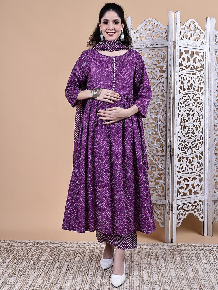 Secret Wish Purple Bandhani Cotton Maternity Kurta with Pant & Dupatta-picture-13
