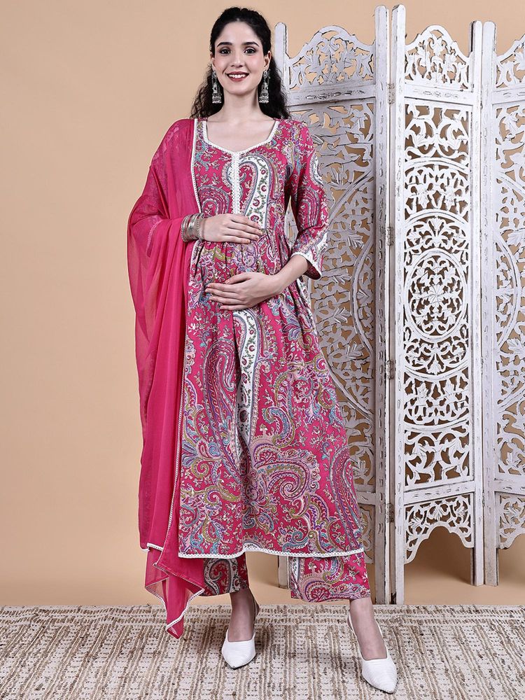 Secret Wish Pink Paisley Cotton Maternity Kurta with Pant & Dupatta