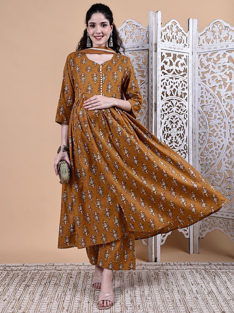 Secret Wish Mustard Ikkat Floral Print Cotton Maternity Kurta with Pant & Dupatta-picture-15