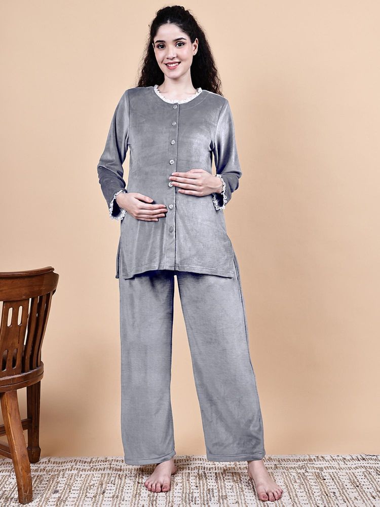 Secret Wish Silver Solid Velvet Winter Maternity Shirt & Pant Night Suit-image-5