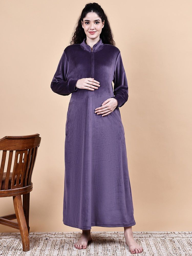 Secret Wish Purple Solid Velvet Winter Maternity Nighty-image-36