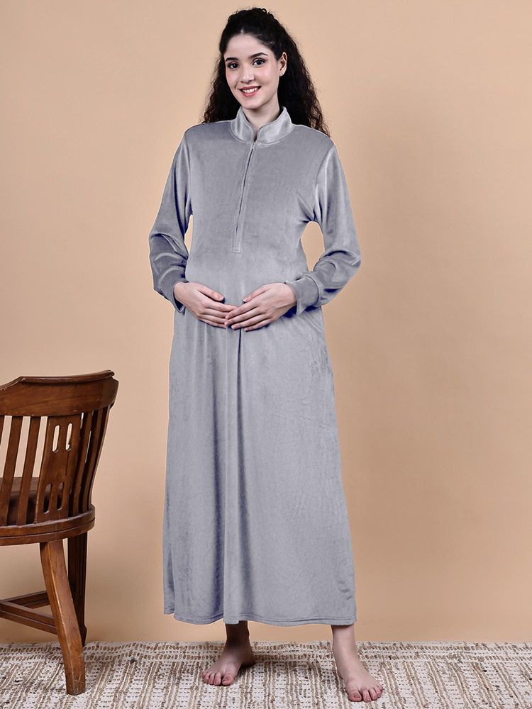 Secret Wish Silver Solid Velvet Winter Maternity Nighty-image-1