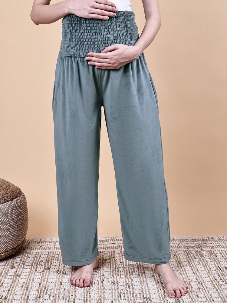 Secret Wish Green Solid Velvet Winter Maternity Trouser-image-8