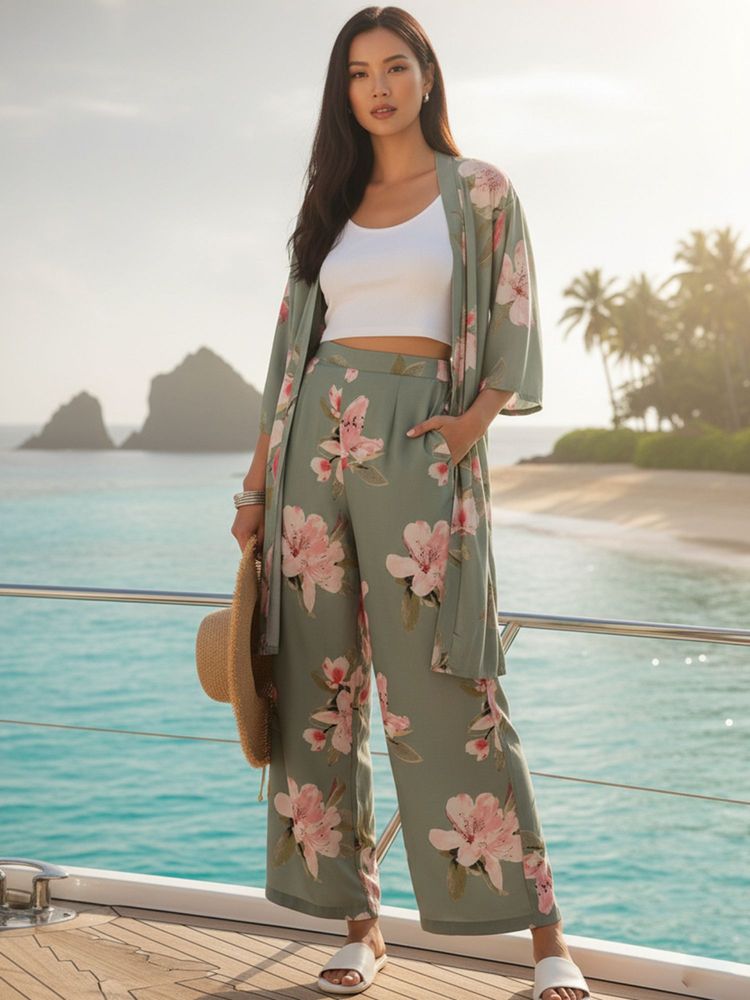 AOBA Women Green Floral Printed Robe & Palazzo Beachwear (Set of 2)-image-2