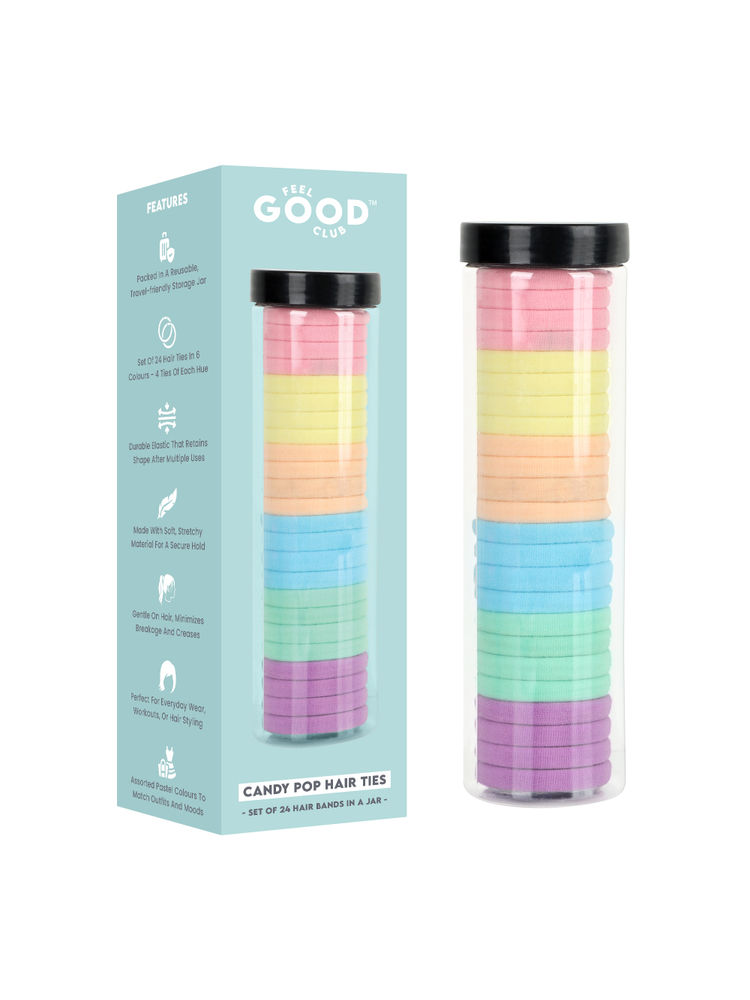 Feel Good Club Candy Pop Hair Ties - Set Of 24 Hair Bands In A Travel-Friendly Jar