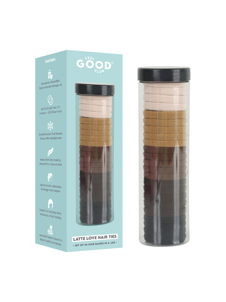 Feel Good Club Latte Love Hair Ties - Set Of 24 Hair Bands In A Reusable Storage Jar