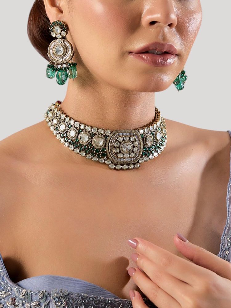 Auraa Trends Gold Finish Kundan Polka and Emerald Stone Jewellery Set-image-9