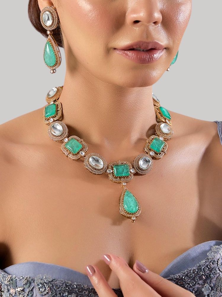Auraa Trends Gold Finish Kundan Polka and Green Stone Jewellery Set-image-8