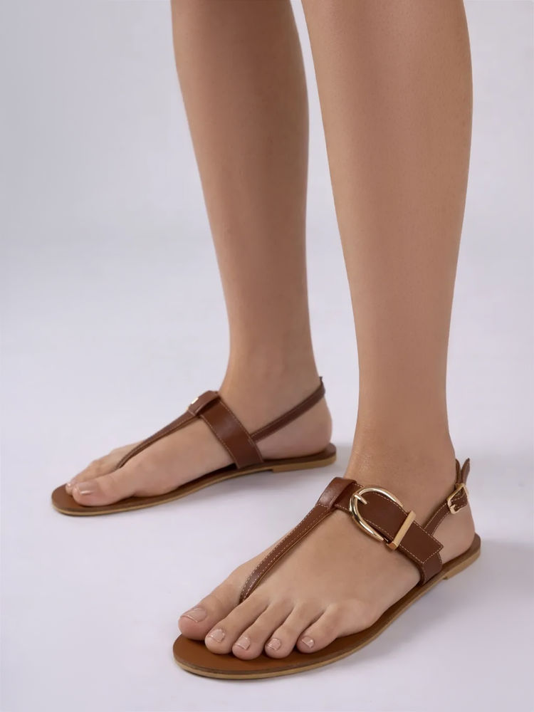 Twenty Dresses by Nykaa Fashion Tan Round Toe Metal Buckle Detail T-Strap Flat For Women-image-26