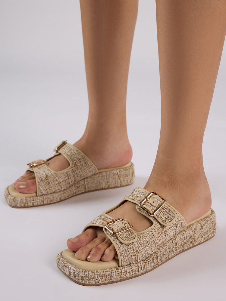 Twenty Dresses by Nykaa Fashion Beige Textured Double Strap Flatform Heel Sandals For Women-image-22