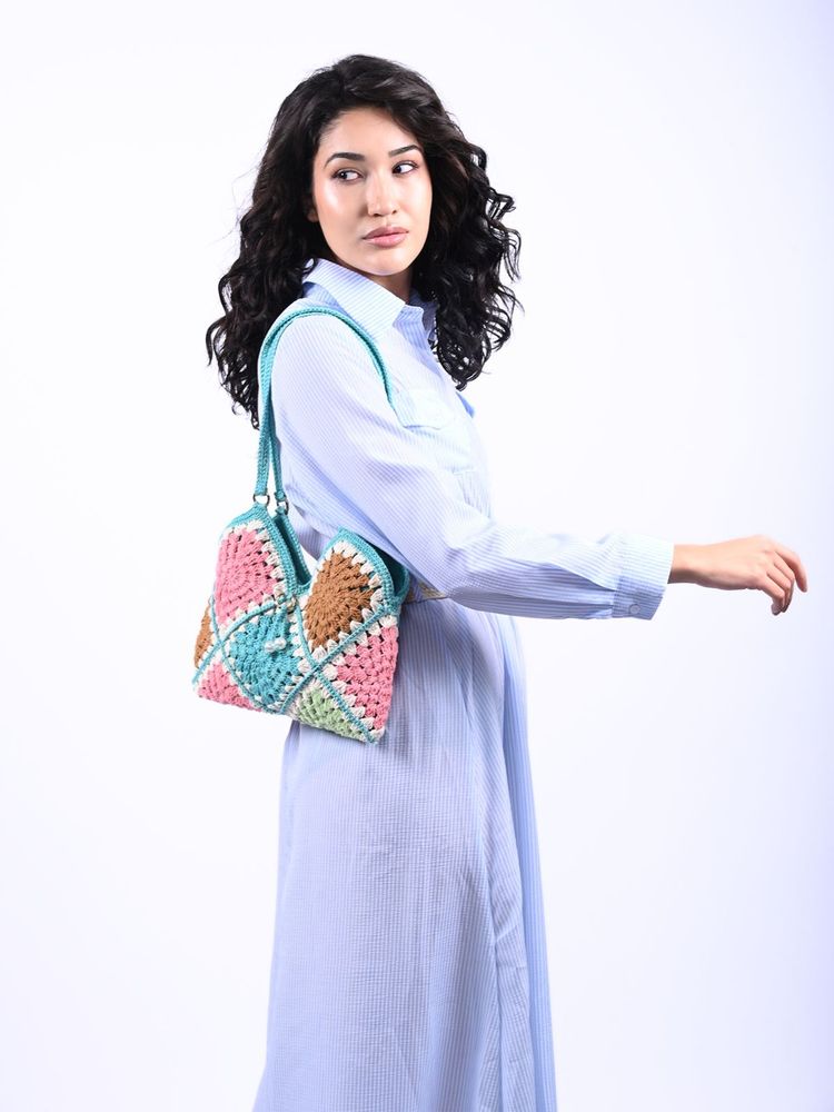 Odette Multi Color Cotton Blend Crochet Hand Bag For Women-picture-18