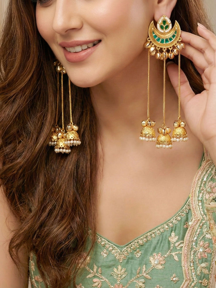 LUCKY JEWELLERY Kashmiri Earrings With Green Stone Triple Jhumka & Ghungroo Drops-picture-15