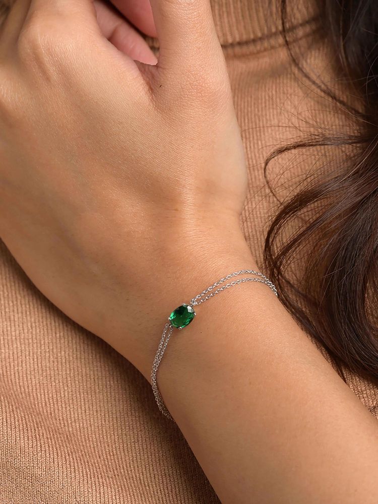 CLARA 925 Silver Platinum Plated Green Solitaire Double Chain Bracelet For Women-image-10