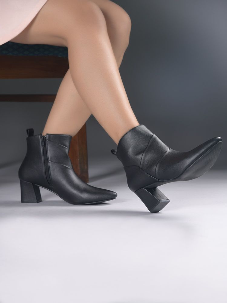 SHUZ TOUCH Chic Pointed Toe Block Heel Black Ankle Casual Boots-picture-38