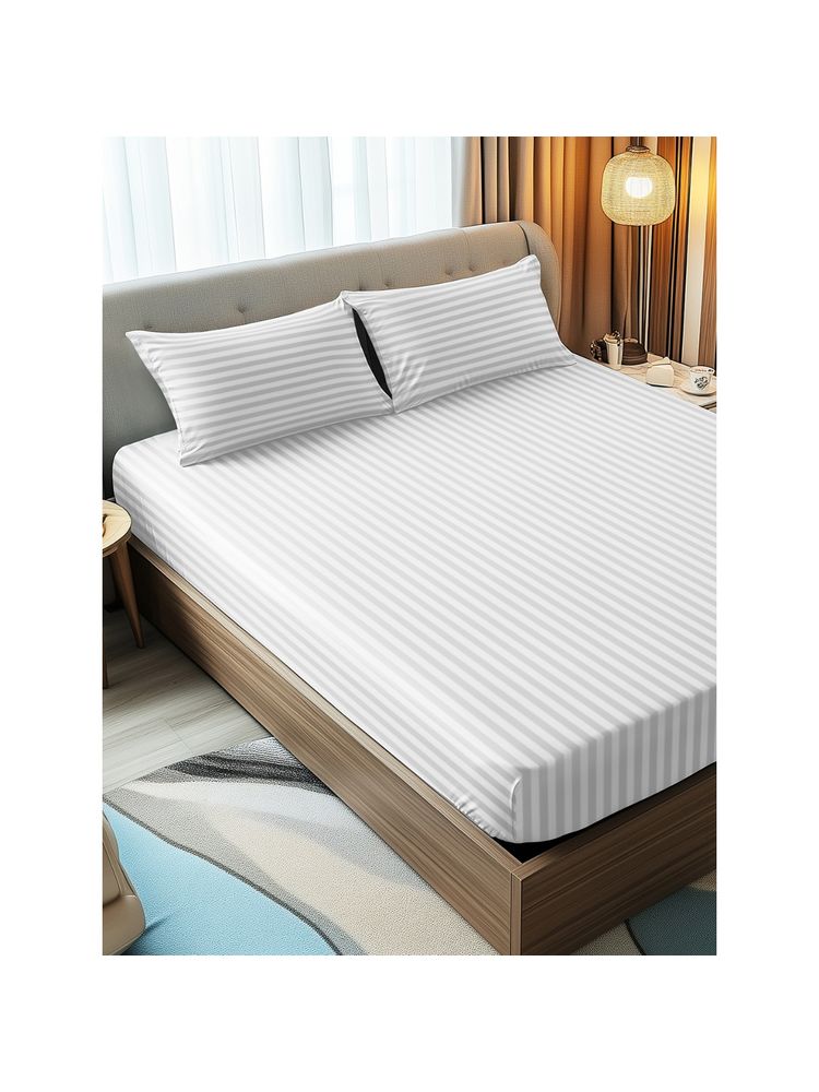 Story@Home 300 TC Stripes Microfiber Fitted King Bedsheet with 2 Pillow Covers White-image-40