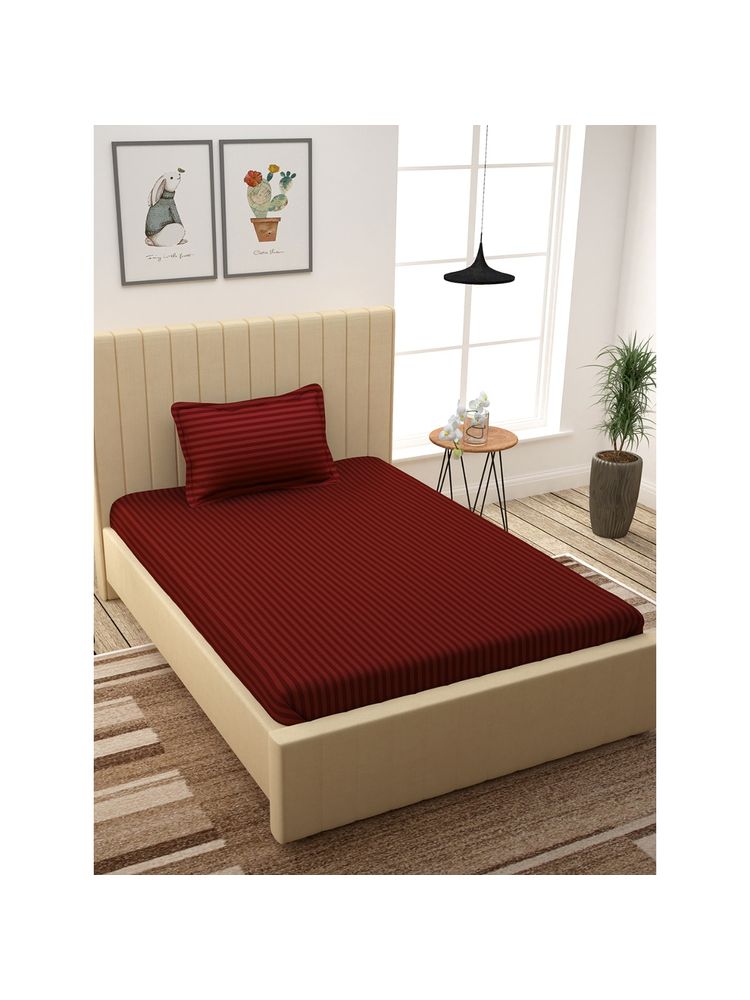 Story@Home 300 TC Cotton Satin Stripes Single Bedsheet with 1 Pillow Cover Maroon-image-23