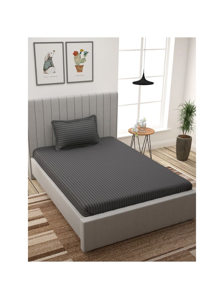 Story@Home 300 TC Cotton Satin Stripes Single Bedsheet with 1 Pillow Cover Grey-image-24
