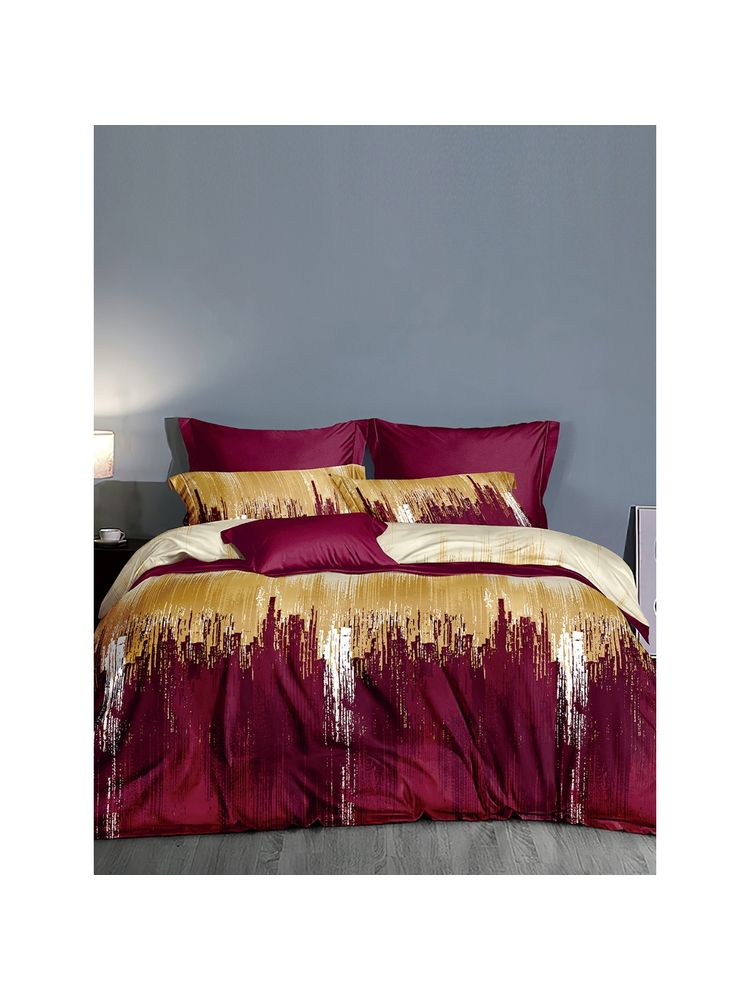 Story@Home 240 TC Microfiber Double Printed Flat Bedsheet with 2 Pillow Covers Maroon & Yellow-image-16