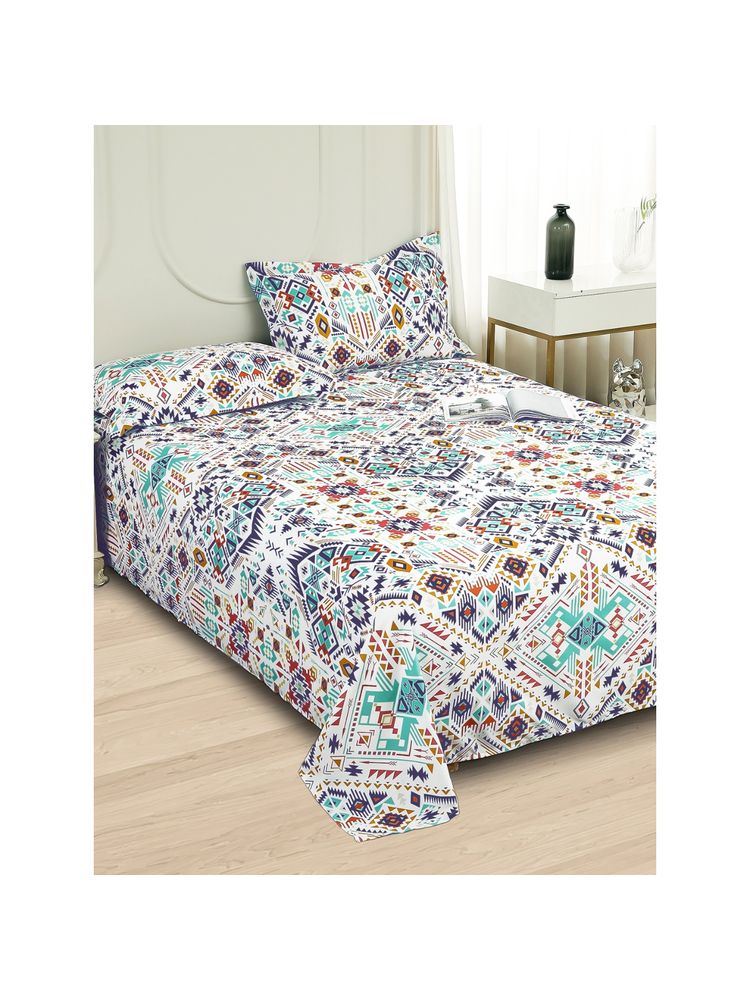 Story@Home 240 TC Microfiber Printed Flat Bedsheet with 2 Pillow Covers White & Blue-picture-16