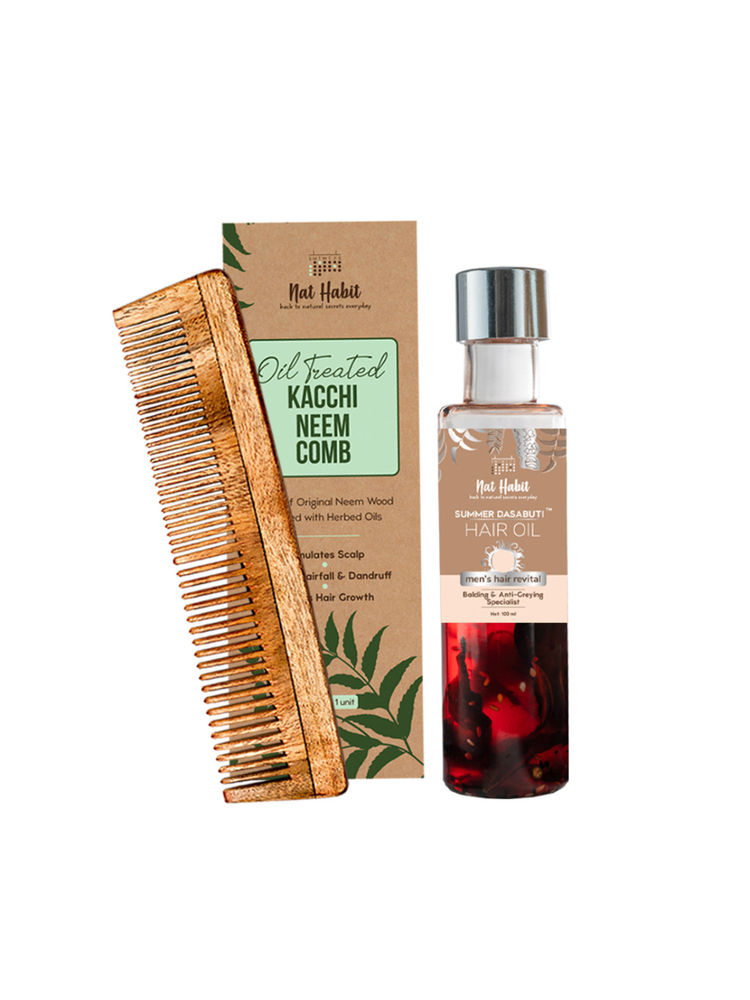 Nat Habit Dual Tooth Kacchi Neem Comb & Men's Hair Revital Summer Dasabuti Hair Oil-image-42