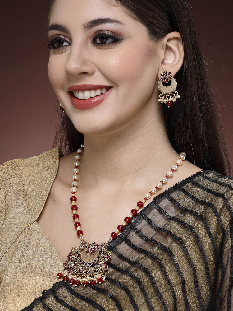 ADIVA Antique Gold-Plated Maroon Stone and Pearls Handcrafted Jewellery Set-picture-3