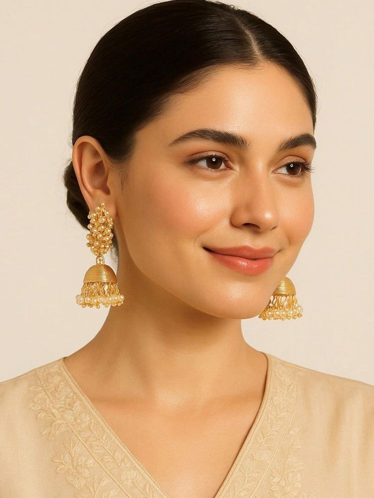 Aatmana Gold Plated Pearls Beaded Dome Shaped Jhumka Earrings-image-10