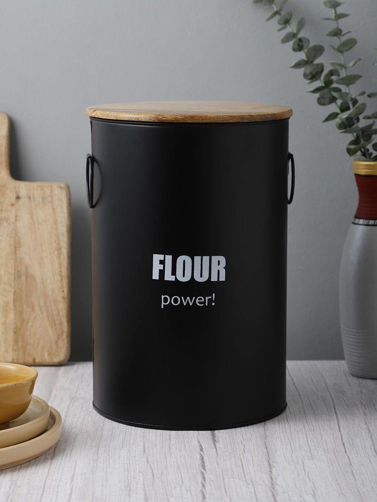 VarEesha Ardura Black Metal Flour Container With Wooden Lid-picture-47