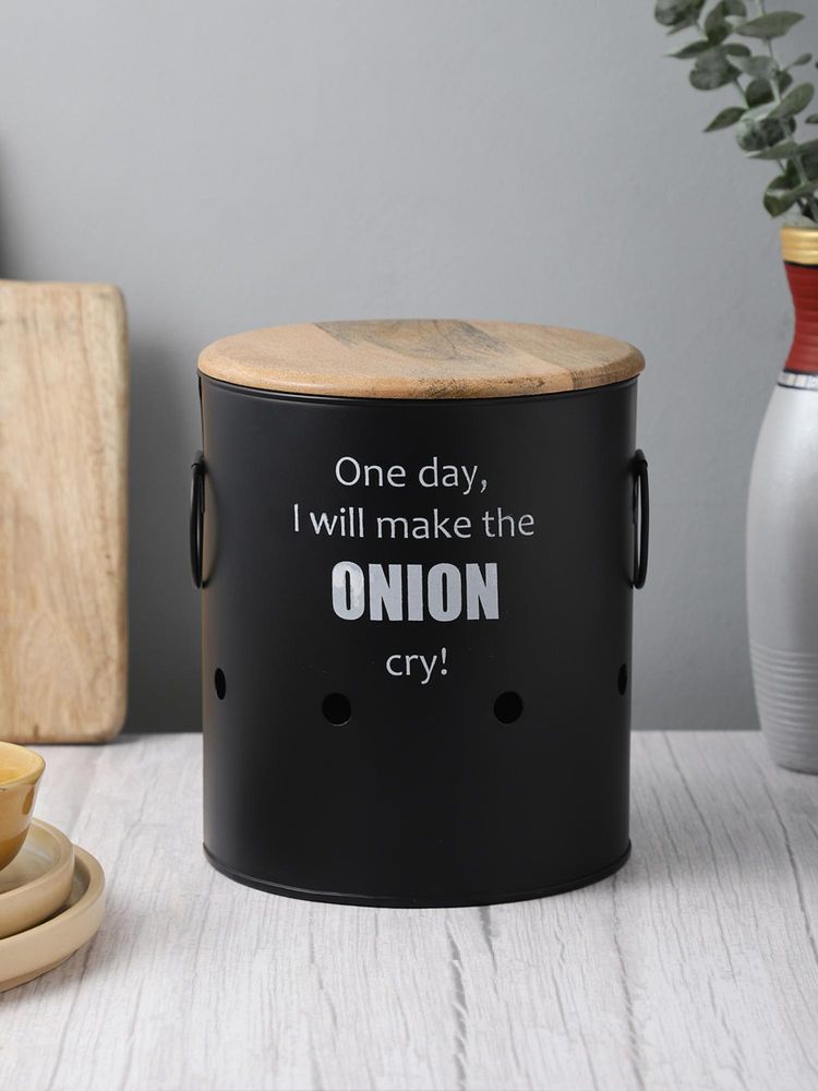 VarEesha Ardura Black Metal Onion Container With Wooden Lid-picture-48