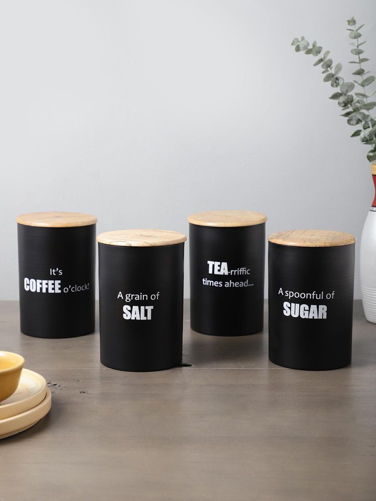 VarEesha Ardura Black Metal Tea Sugar Coffee And Salt Containers With Wooden Lids Pack Of 4-picture-22