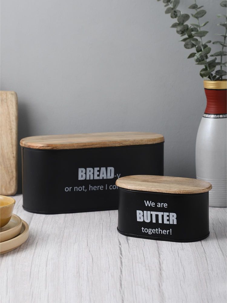 VarEesha Ardura Black Metal Bread Box And Butter Box With Wooden Lids Pack Of 2-picture-34