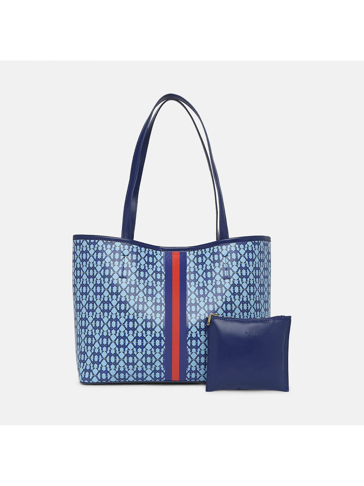 Alexis Blue and Red Stripped Monogram Design Tote Bag With Pouch-image-14