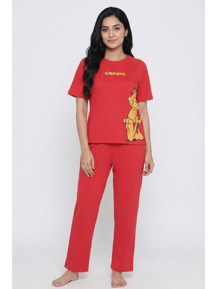 Zivame Red Garfield Knit Cotton Loungewear Set-picture-16