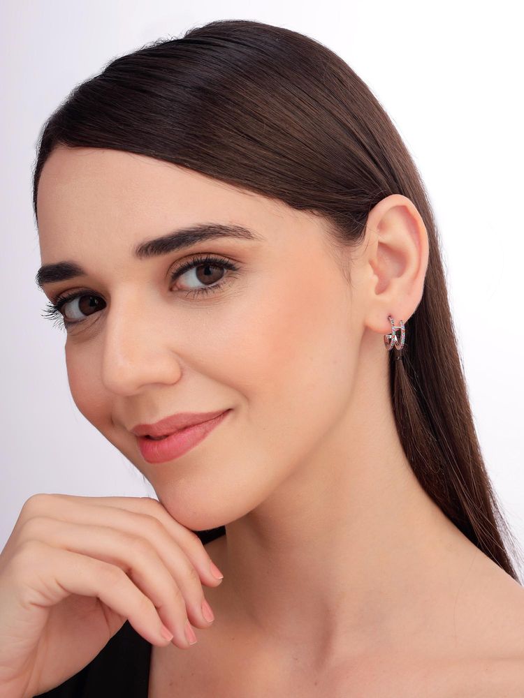 Carlton London Women Rhodium Plated Multi-Color Cz Stone Half Hoop Earrings-image-39