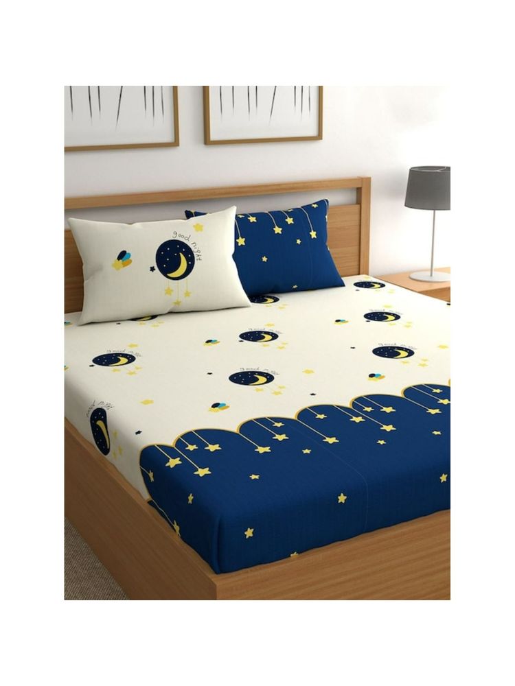 BAJO'S White Printed Fitted Bedsheet & 2 Pillow Covers (King)