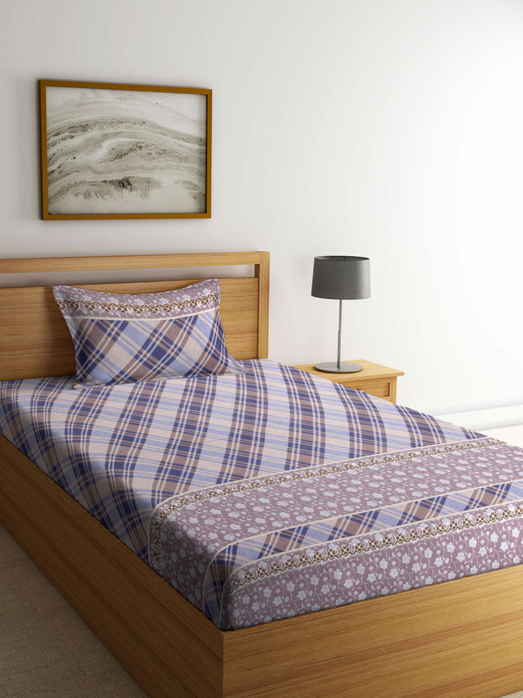 FABINALIV Multi-Color Checkered 210 Tc Cotton Blend Bedsheet with Pillow Cover (Single)-image-22