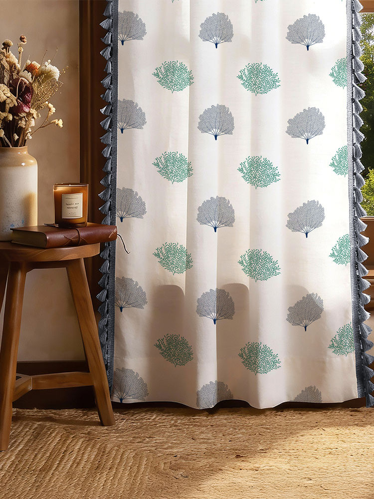Urban Space Cotton Door Curtains 7 Ft with Eyelets and TieBack 2 Pieces - Trees Blue Green-picture-44