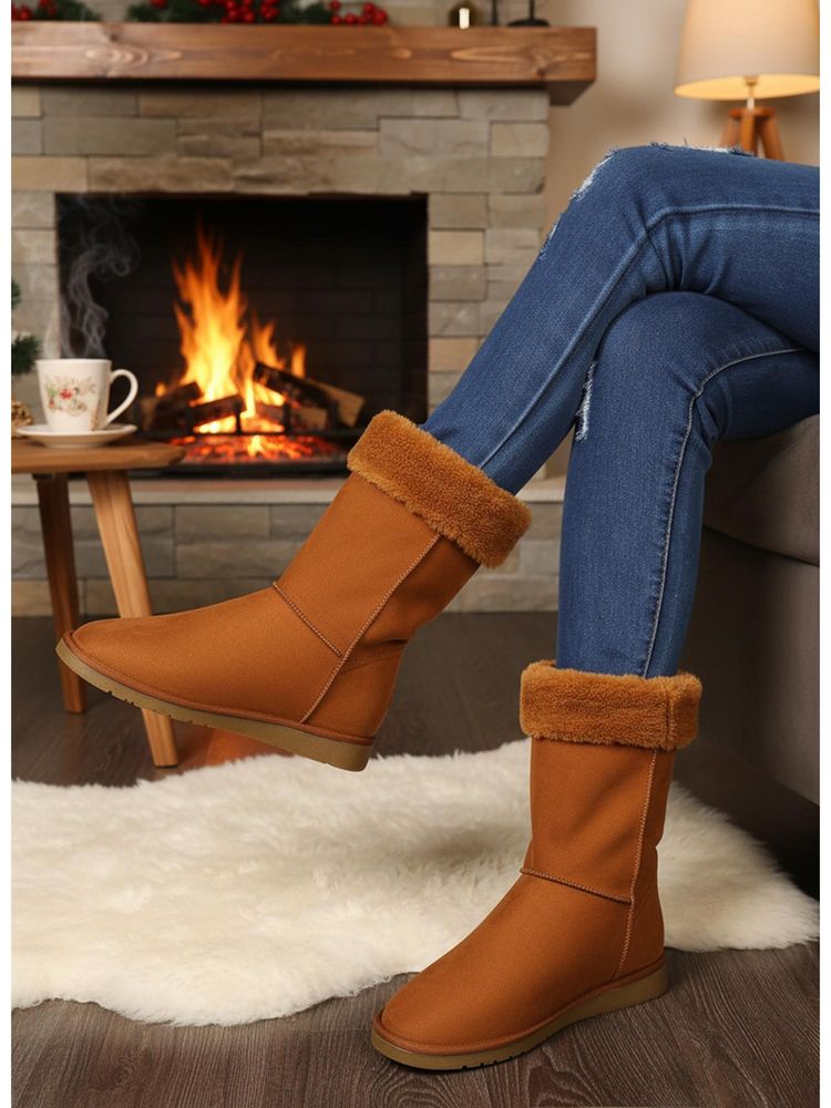 Carlton London Women Tan Mid-Calf Faux Fur Lined Casual Boots-picture-18