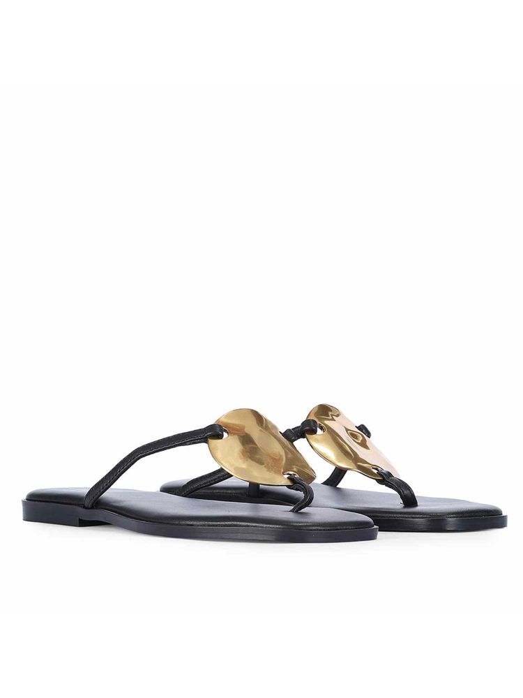 Saint G Women Golden Disc Black Leather Flats-image-3