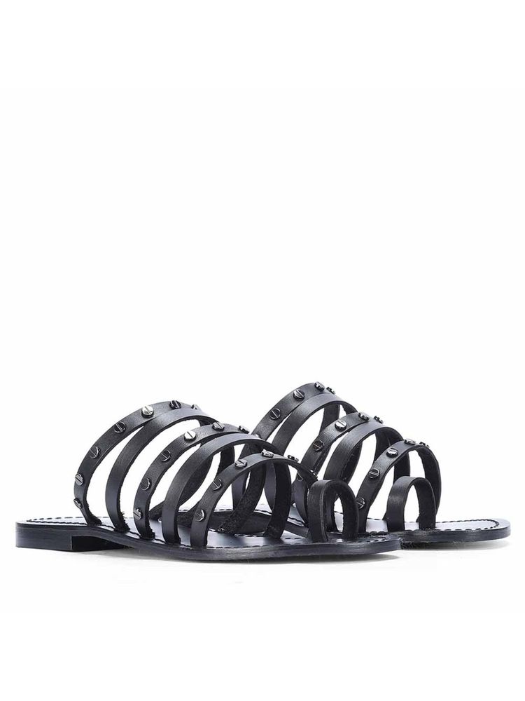 Saint G Women Metal Studded Multi-Strap Leather Black Flats-picture-25