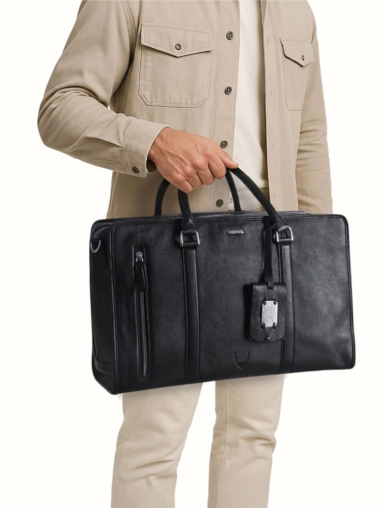 Hidesign Genuine Leather Unisex Black Duffle Bag with Detachable Strap (L)-picture-24